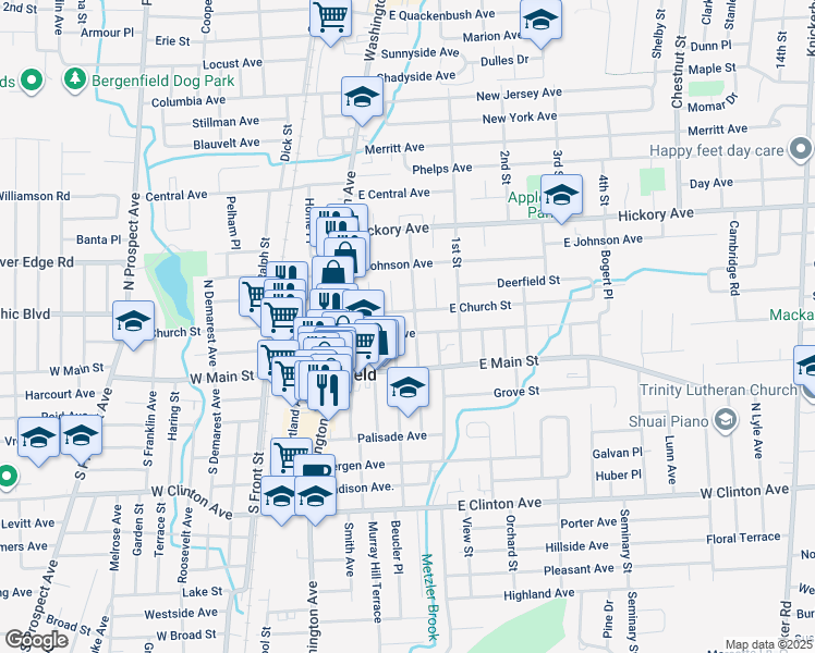 map of restaurants, bars, coffee shops, grocery stores, and more near 60 Bradley Avenue in Bergenfield