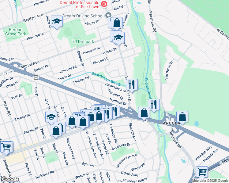 map of restaurants, bars, coffee shops, grocery stores, and more near 21 Margaret Court in Fair Lawn