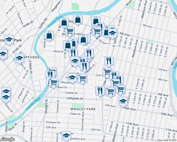 map of restaurants, bars, coffee shops, grocery stores, and more near 137 Lyon Street in Paterson