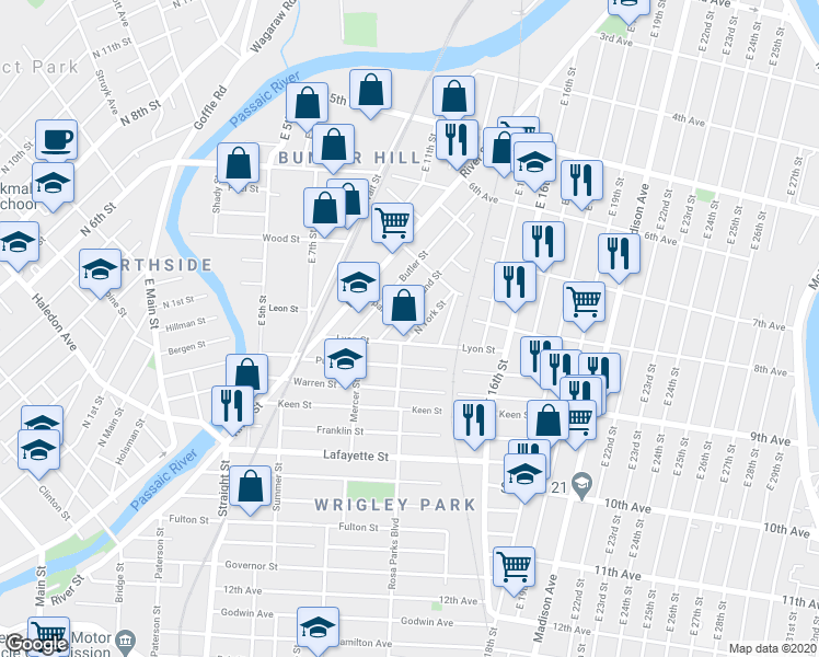 map of restaurants, bars, coffee shops, grocery stores, and more near 137 Lyon Street in Paterson