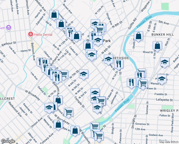 map of restaurants, bars, coffee shops, grocery stores, and more near 152 North 5th Street in Paterson