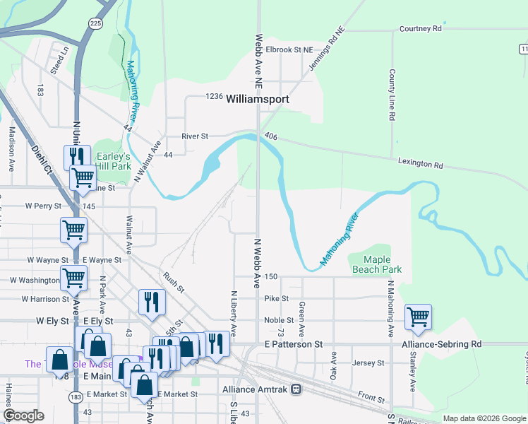 map of restaurants, bars, coffee shops, grocery stores, and more near 751 North Webb Avenue in Alliance