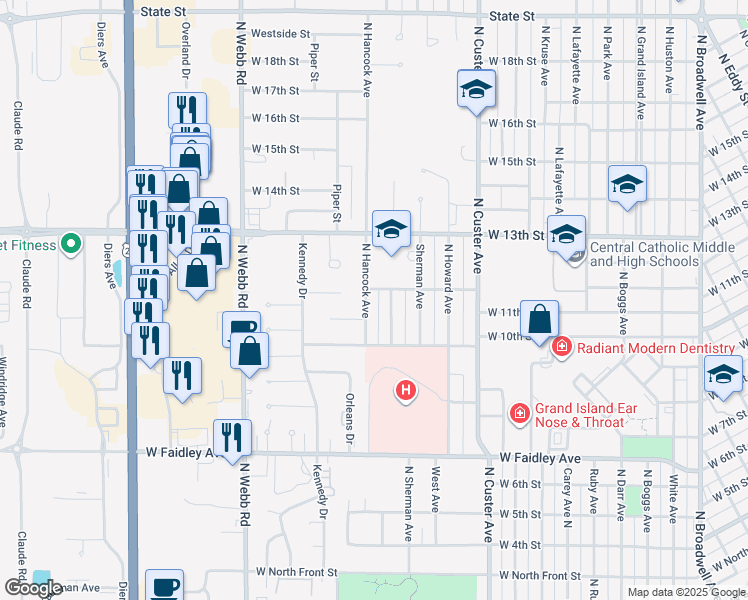 map of restaurants, bars, coffee shops, grocery stores, and more near 1019-1099 N Hancock Ave in Grand Island