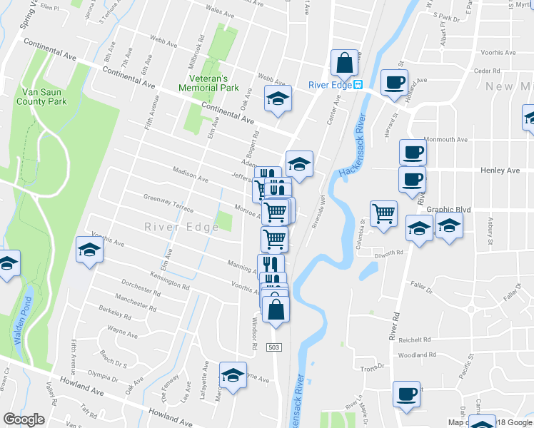 map of restaurants, bars, coffee shops, grocery stores, and more near 625 Kinderkamack Road in River Edge