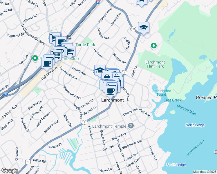 map of restaurants, bars, coffee shops, grocery stores, and more near 9 Addison Street in Larchmont