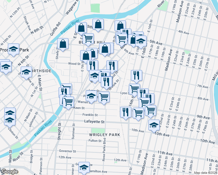 map of restaurants, bars, coffee shops, grocery stores, and more near 137 Lyon Street in Paterson