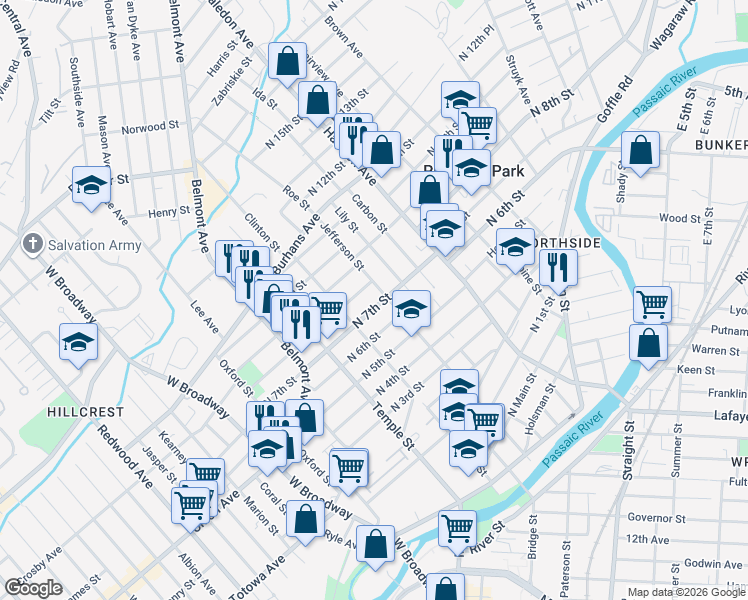 map of restaurants, bars, coffee shops, grocery stores, and more near 142 North 7th Street in Paterson