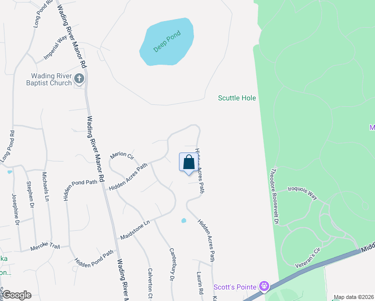 map of restaurants, bars, coffee shops, grocery stores, and more near 15 Woodland Court in Wading River