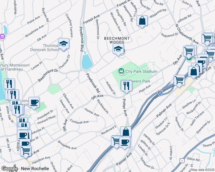 map of restaurants, bars, coffee shops, grocery stores, and more near 24 Crestview Street in New Rochelle