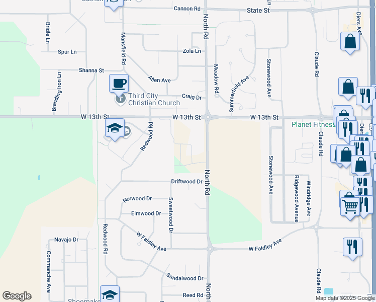 map of restaurants, bars, coffee shops, grocery stores, and more near 1014-1298 North North Road in Grand Island