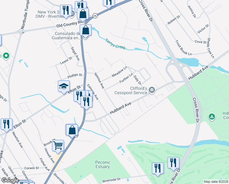 map of restaurants, bars, coffee shops, grocery stores, and more near 51 Jerome Circle in Riverhead
