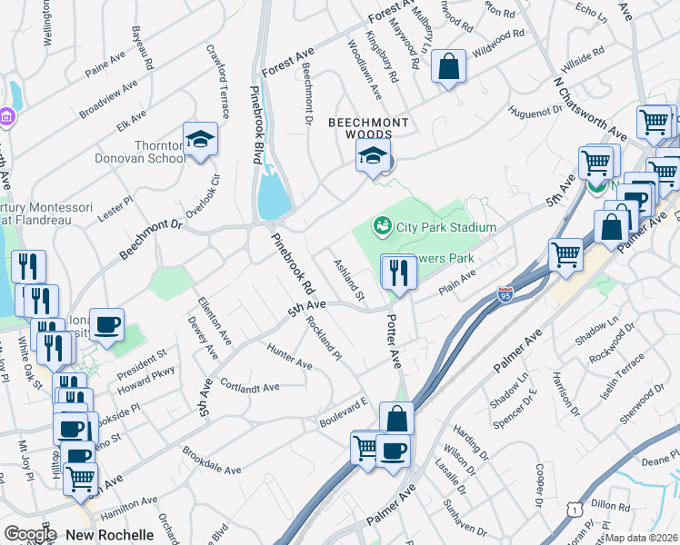 map of restaurants, bars, coffee shops, grocery stores, and more near 24 Crestview Street in New Rochelle