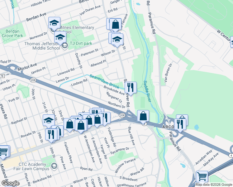 map of restaurants, bars, coffee shops, grocery stores, and more near 21 Margaret Court in Fair Lawn