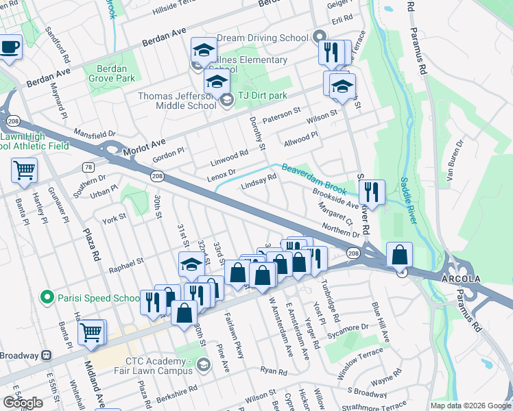 map of restaurants, bars, coffee shops, grocery stores, and more near 36-22 Northern Drive in Fair Lawn
