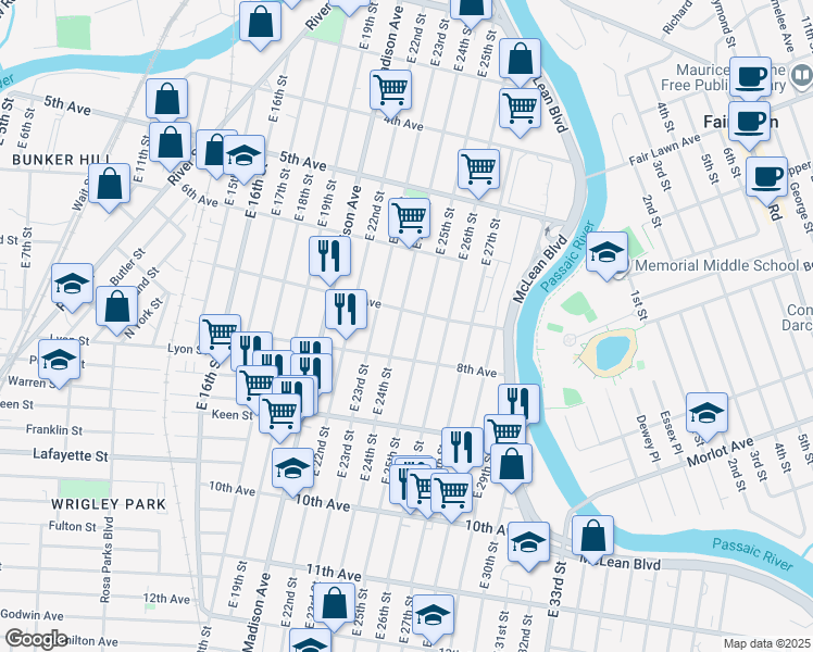 map of restaurants, bars, coffee shops, grocery stores, and more near 297 East 25th Street in Paterson