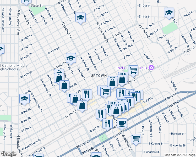 map of restaurants, bars, coffee shops, grocery stores, and more near 315 West 6th Street in Grand Island