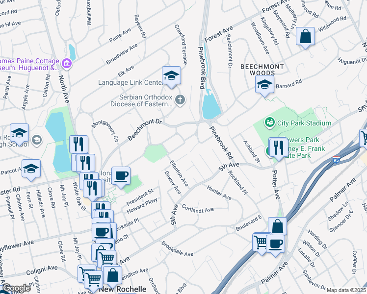 map of restaurants, bars, coffee shops, grocery stores, and more near 57 Claire Avenue in New Rochelle