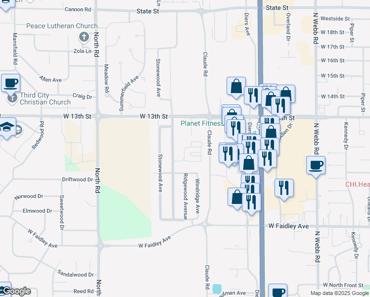 map of restaurants, bars, coffee shops, grocery stores, and more near 1021 Starwood Avenue in Grand Island