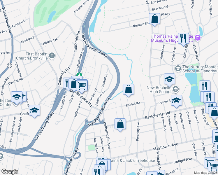 map of restaurants, bars, coffee shops, grocery stores, and more near 53 Parkview Drive in Bronxville