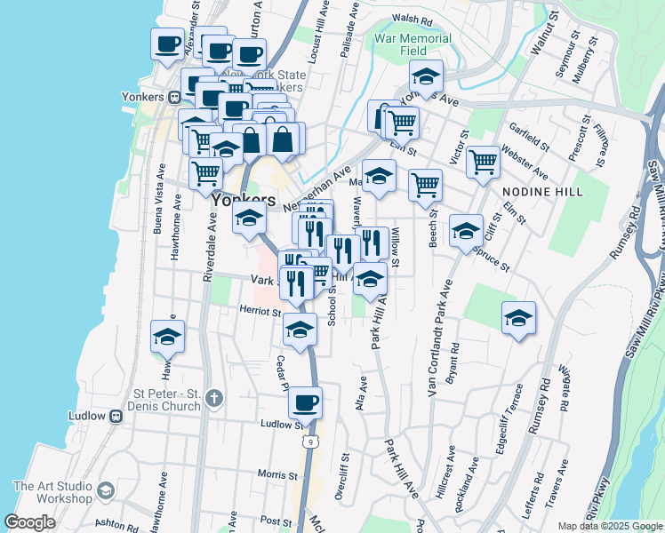 map of restaurants, bars, coffee shops, grocery stores, and more near School Street in Yonkers