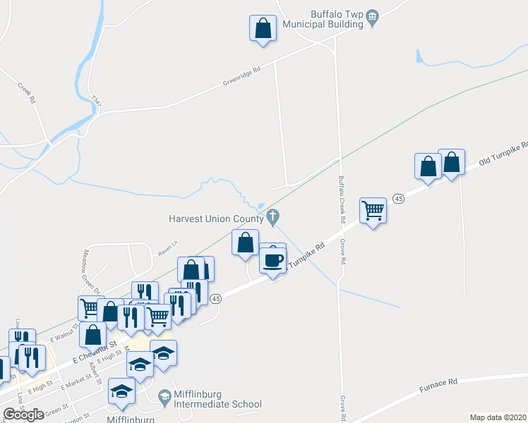 map of restaurants, bars, coffee shops, grocery stores, and more near Buffalo Valley Rail Trail in Mifflinburg
