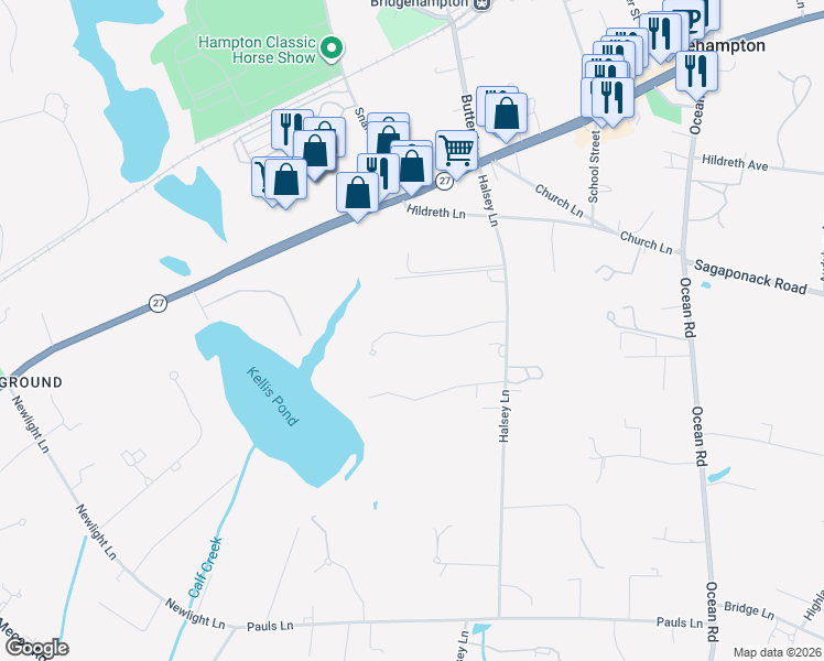 map of restaurants, bars, coffee shops, grocery stores, and more near 99 Trelawney Road in Bridgehampton