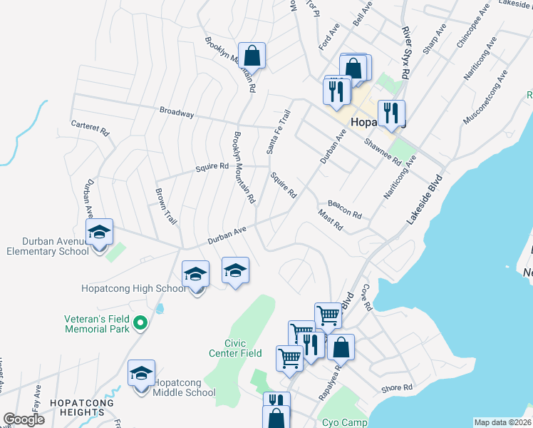 map of restaurants, bars, coffee shops, grocery stores, and more near 102 Santa Clara Trail in Hopatcong