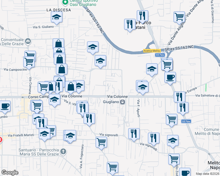 map of restaurants, bars, coffee shops, grocery stores, and more near 49 Via Colonne in Giugliano In Campania