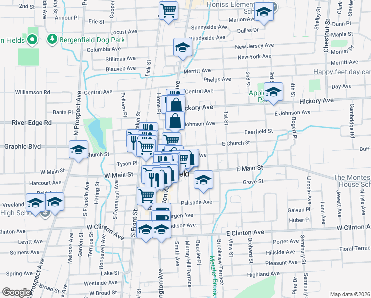 map of restaurants, bars, coffee shops, grocery stores, and more near 25 Bradley Avenue in Bergenfield