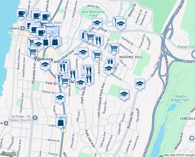 map of restaurants, bars, coffee shops, grocery stores, and more near 175 Beech Street in Yonkers