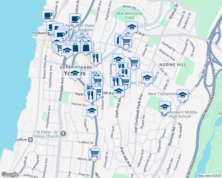 map of restaurants, bars, coffee shops, grocery stores, and more near 59 Park Hill Avenue in Yonkers
