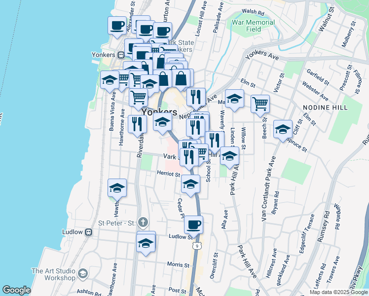 map of restaurants, bars, coffee shops, grocery stores, and more near 127 South Broadway in Yonkers