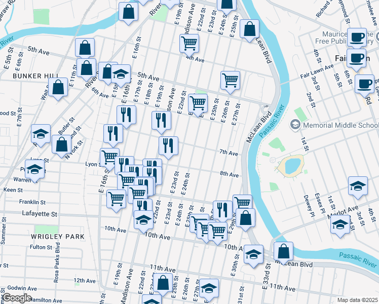 map of restaurants, bars, coffee shops, grocery stores, and more near 328 East 24th Street in Paterson