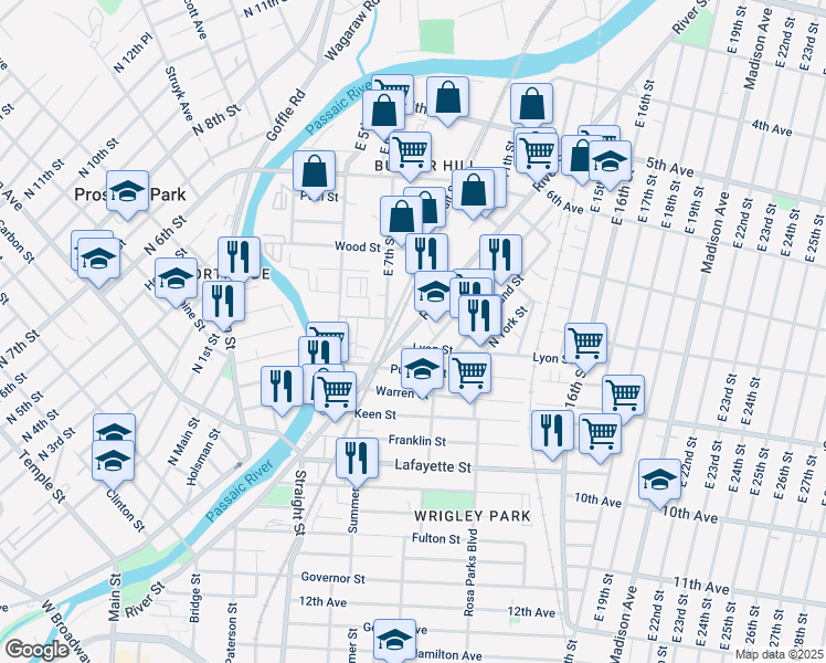 map of restaurants, bars, coffee shops, grocery stores, and more near 72 Lyon Street in Paterson