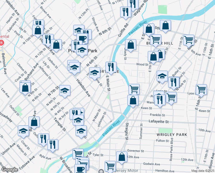 map of restaurants, bars, coffee shops, grocery stores, and more near 144 North 1st Street in Paterson