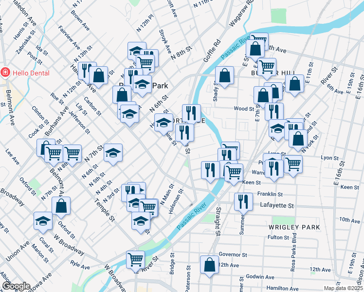 map of restaurants, bars, coffee shops, grocery stores, and more near 144 North 1st Street in Paterson