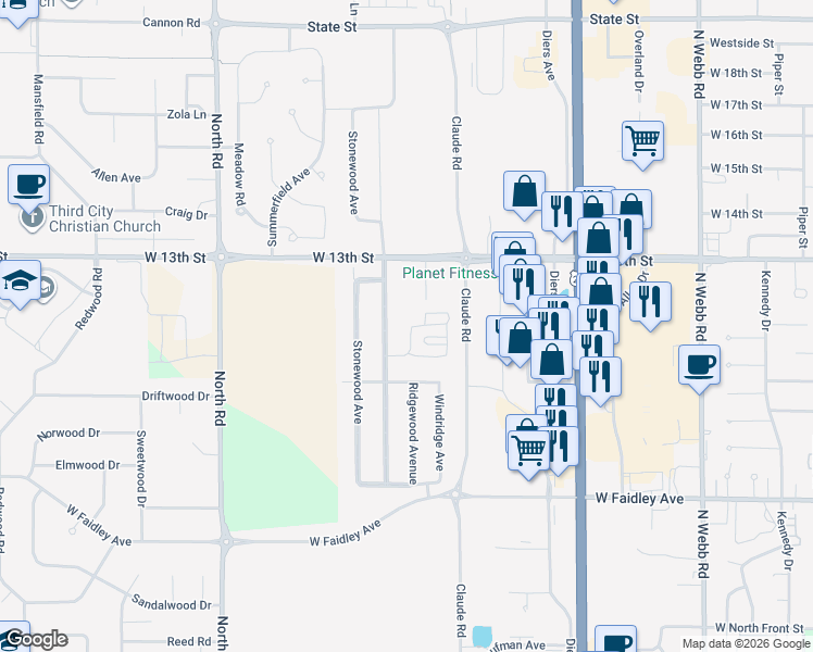 map of restaurants, bars, coffee shops, grocery stores, and more near 1021 Starwood Avenue in Grand Island