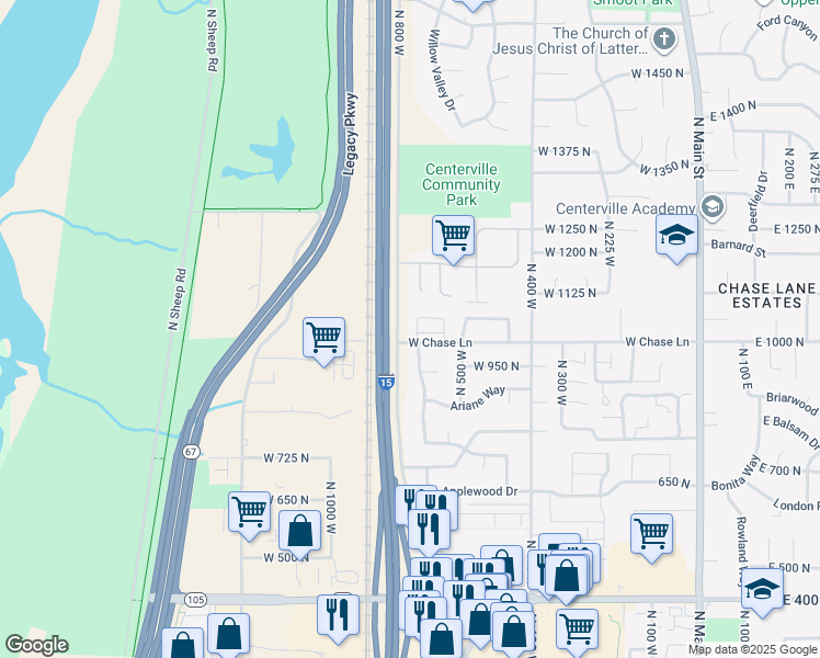 map of restaurants, bars, coffee shops, grocery stores, and more near 1021 North 740 West in Centerville