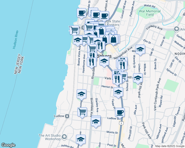 map of restaurants, bars, coffee shops, grocery stores, and more near 105 Riverdale Avenue in Yonkers
