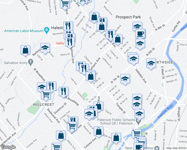 map of restaurants, bars, coffee shops, grocery stores, and more near 242 Temple Street in Paterson