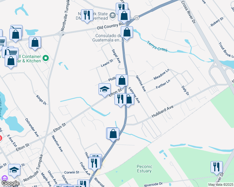 map of restaurants, bars, coffee shops, grocery stores, and more near 681 Elton Street in Riverhead