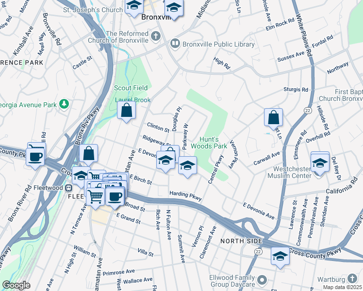 map of restaurants, bars, coffee shops, grocery stores, and more near 30 Parkway West in Mount Vernon
