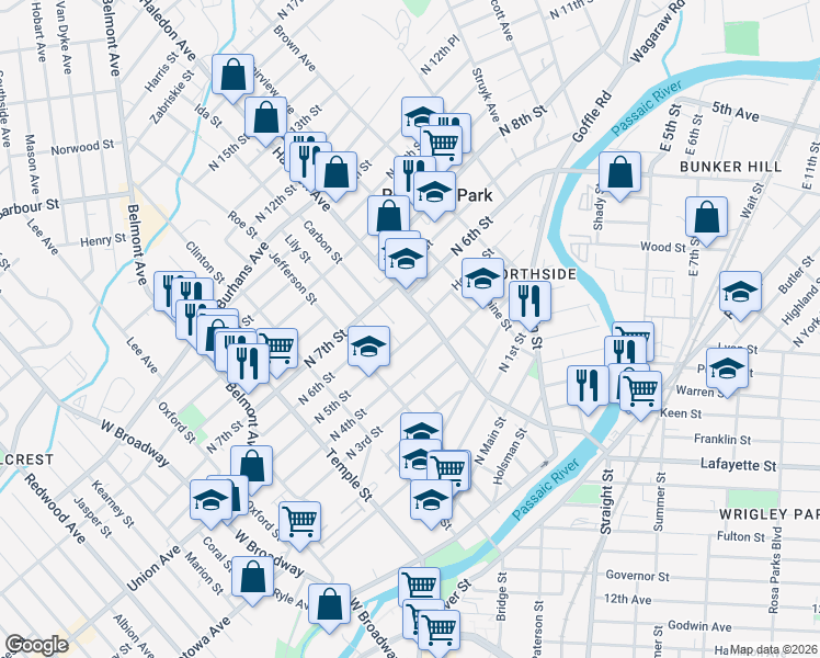 map of restaurants, bars, coffee shops, grocery stores, and more near 152 North 5th Street in Paterson