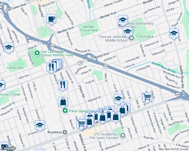 map of restaurants, bars, coffee shops, grocery stores, and more near 4-12 28th Street in Fair Lawn