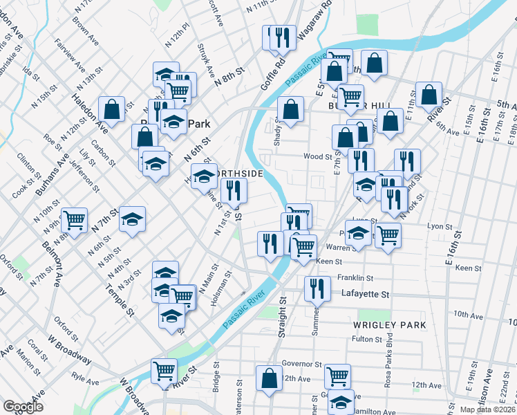 map of restaurants, bars, coffee shops, grocery stores, and more near 48 Bergen Street in Paterson