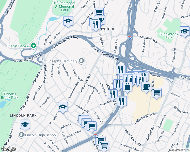 map of restaurants, bars, coffee shops, grocery stores, and more near 125 Staunton Street in Yonkers