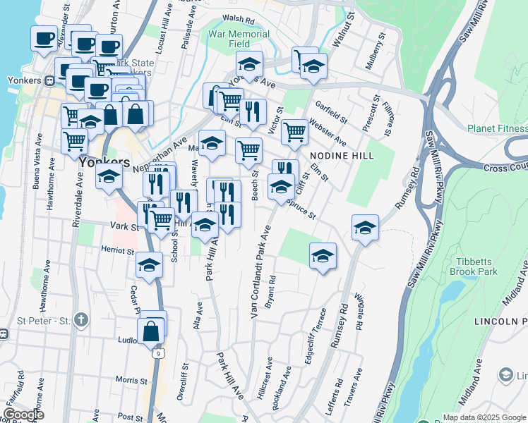 map of restaurants, bars, coffee shops, grocery stores, and more near 175 Beech Street in Yonkers