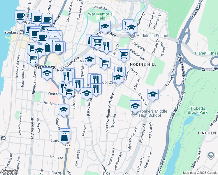 map of restaurants, bars, coffee shops, grocery stores, and more near 175 Beech Street in Yonkers