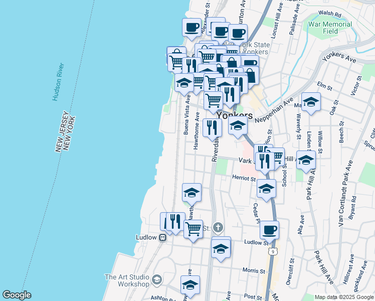 map of restaurants, bars, coffee shops, grocery stores, and more near 181 Buena Vista Avenue in Yonkers