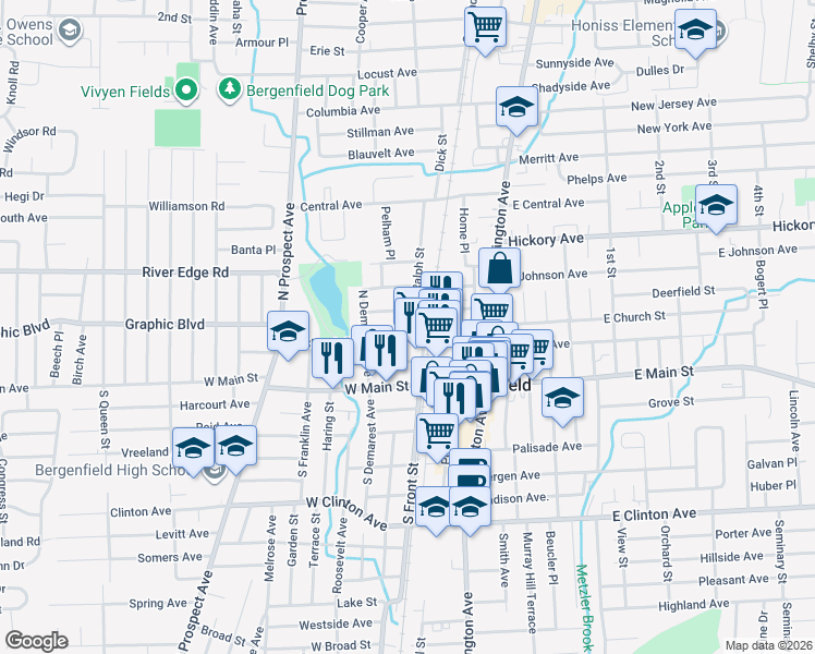 map of restaurants, bars, coffee shops, grocery stores, and more near 78 West Church Street in Bergenfield